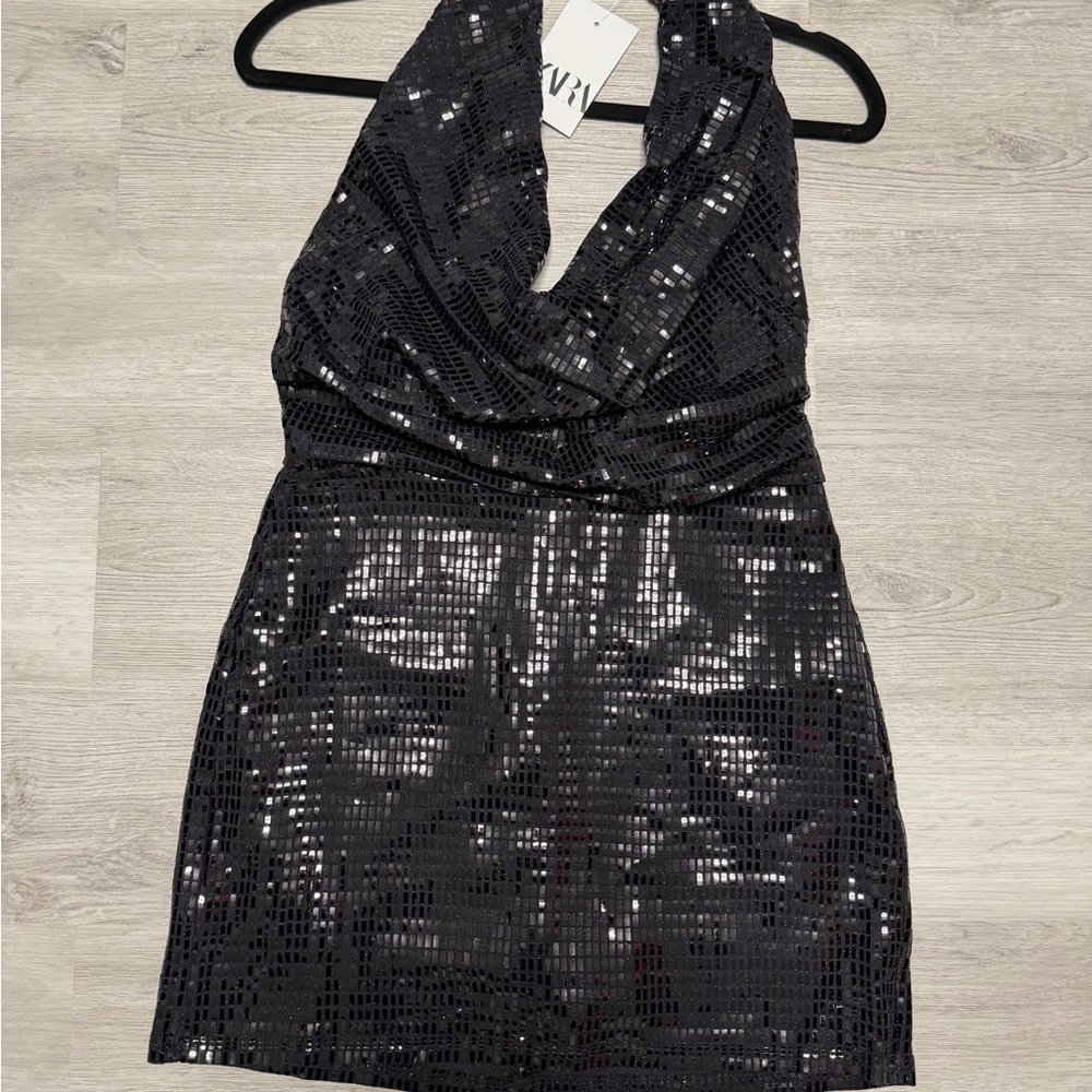 ZARA Black Sequin Halter Dress – NWT